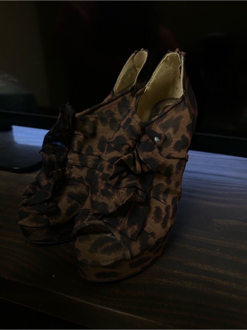 Metaphor Leopard Print Ruffle Platform Heels - Brown & Black